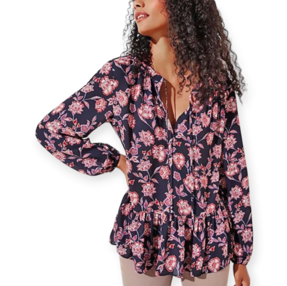 NWOT LOFT navy blue red yellow floral boho blouse top Womens Medium